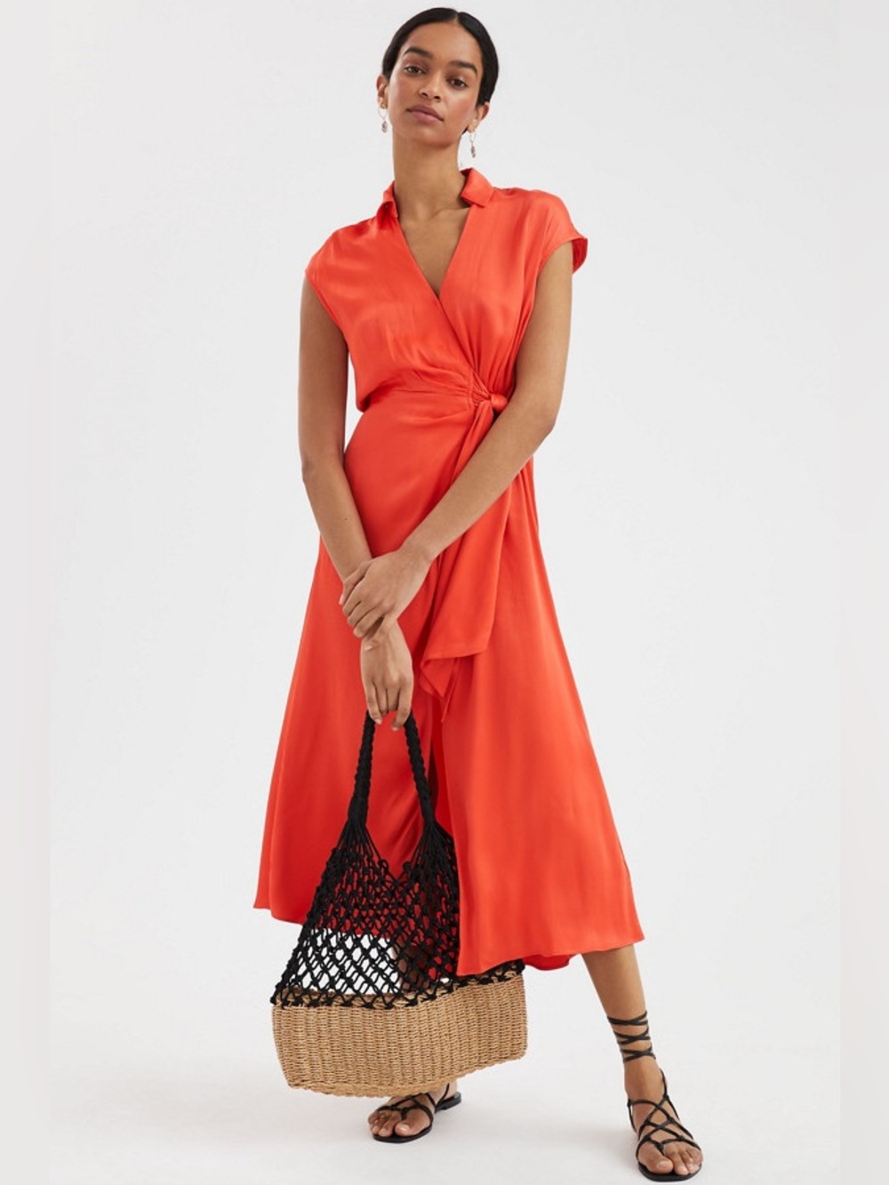 Maeve Anthropologie Open-Back Wrap Midi Dress Coral